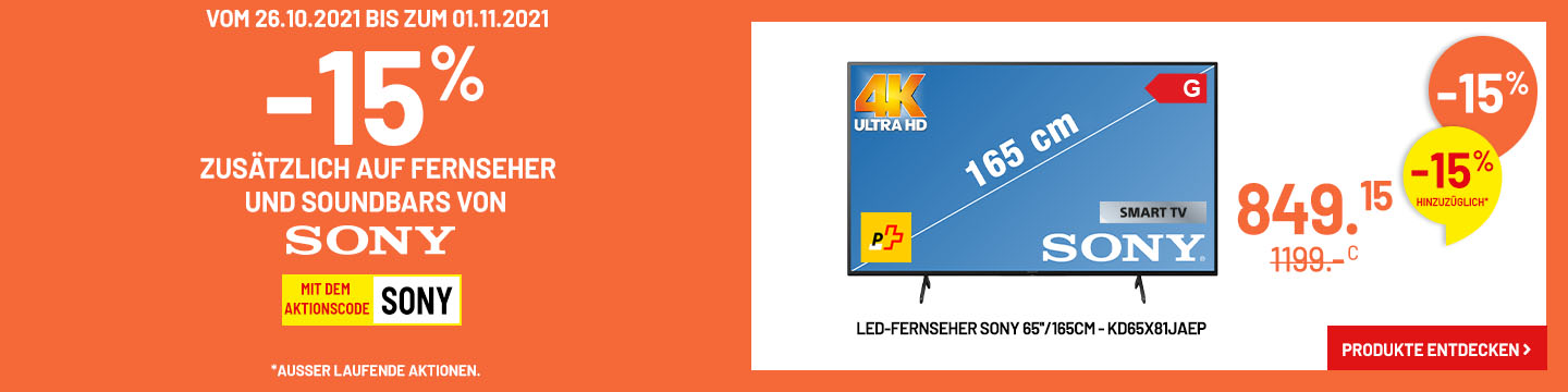 -15% Zusätzlich auf Fernseher und Soundbar von SONY